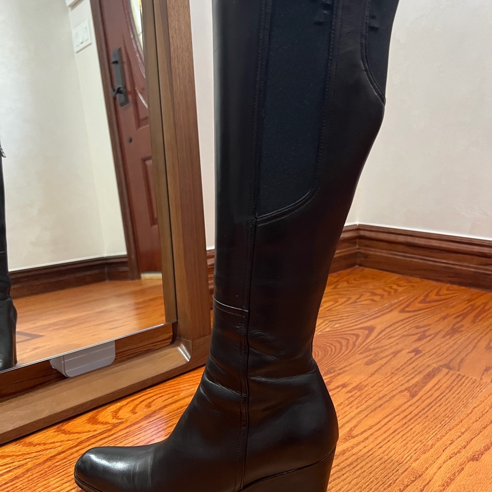 Prada Black Leather Wedge Knee Boots - Picture 3 of 7